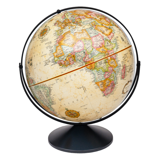 Vintage-style globe with world map on a white background
