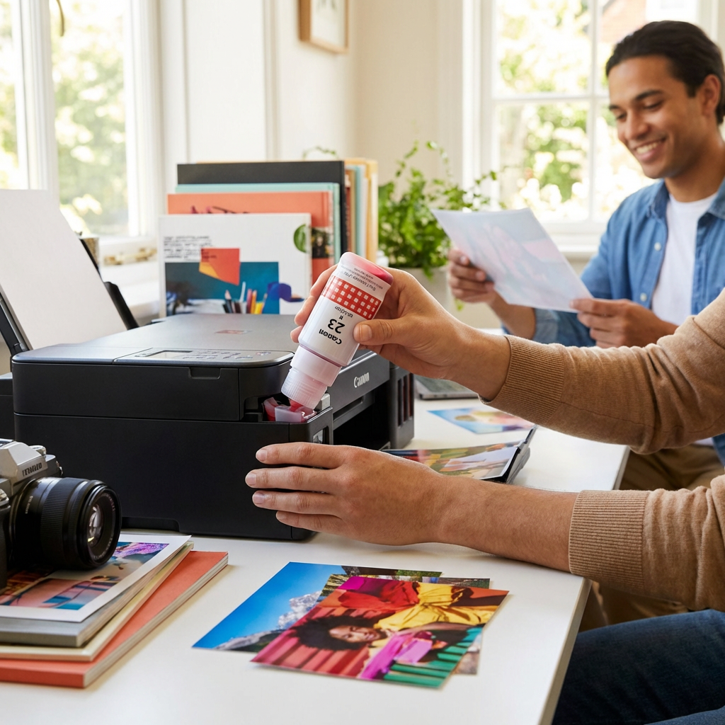 A person refills a Canon printer with the GI-23 red ink bottle in a bright home office. Another person reviews a photo in the background.