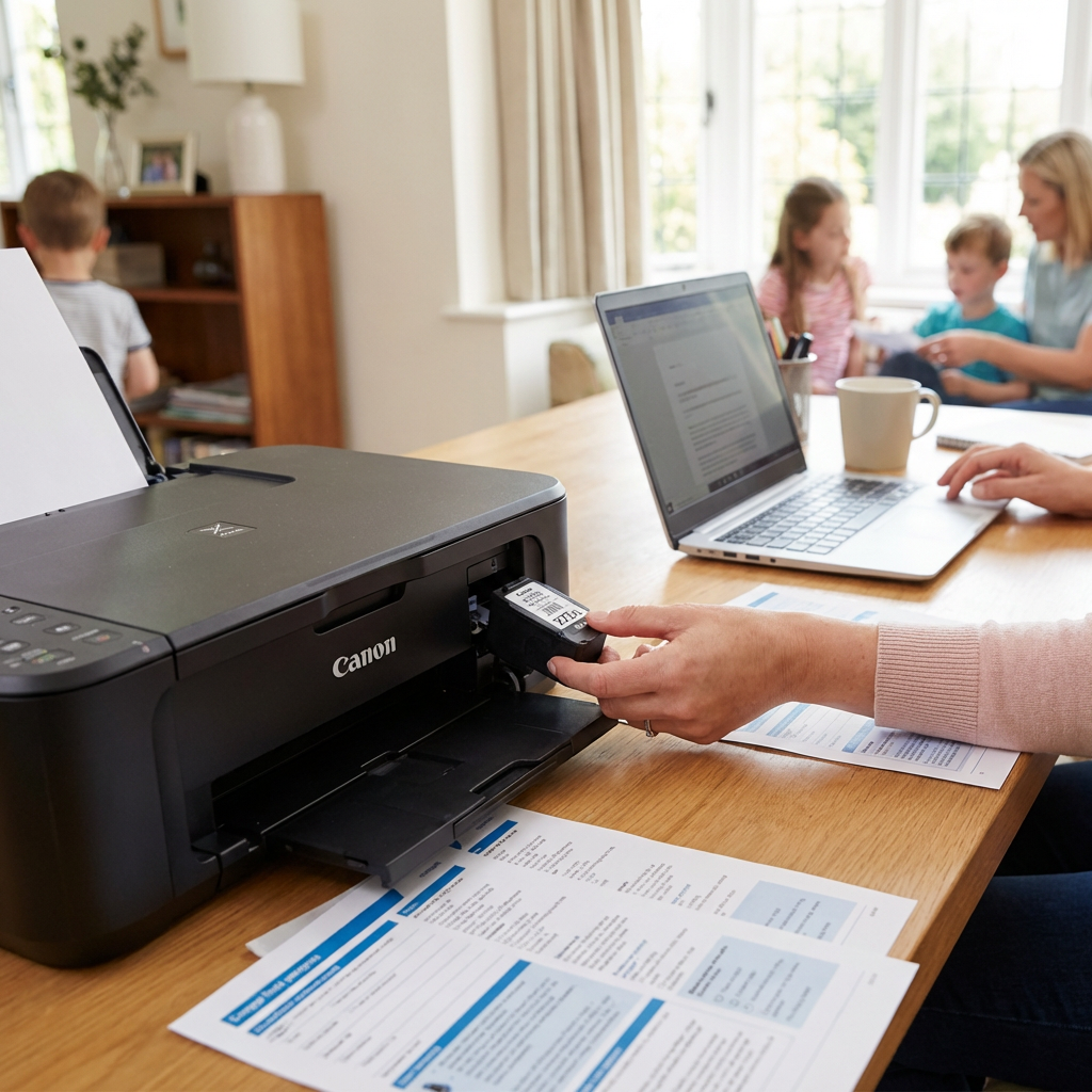 A lifestyle photo shows a hand inserting the Canon PG-275XL ink cartridge into a printer in a home office with a family.
