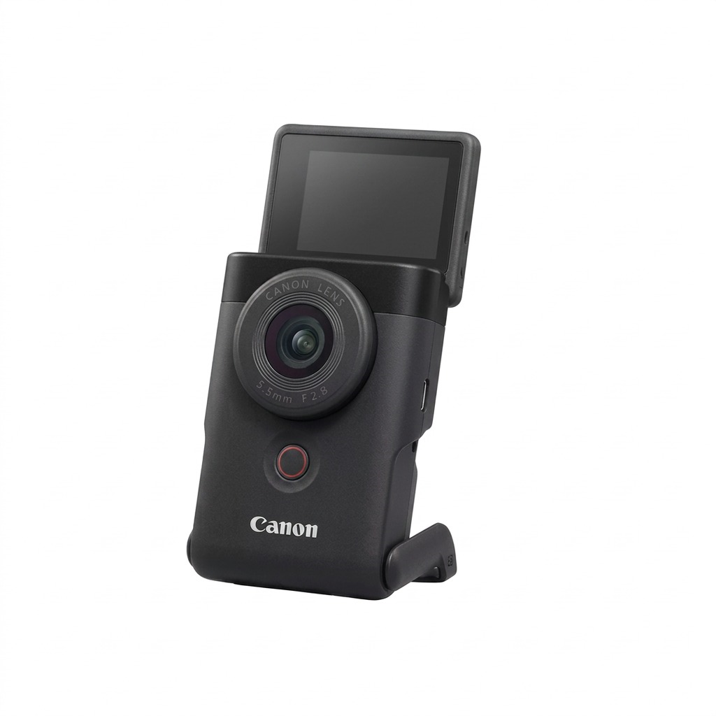 Canon PowerShot V10 vlogging camera angled view with stand deployed on white background.