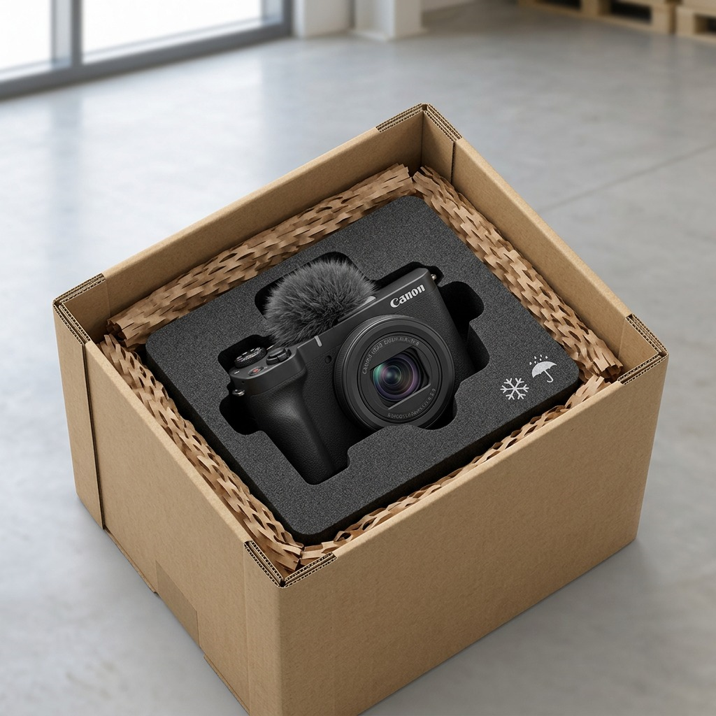 A top-down view shows the V10 camera protected by custom foam inserts within a cardboard shipping box.