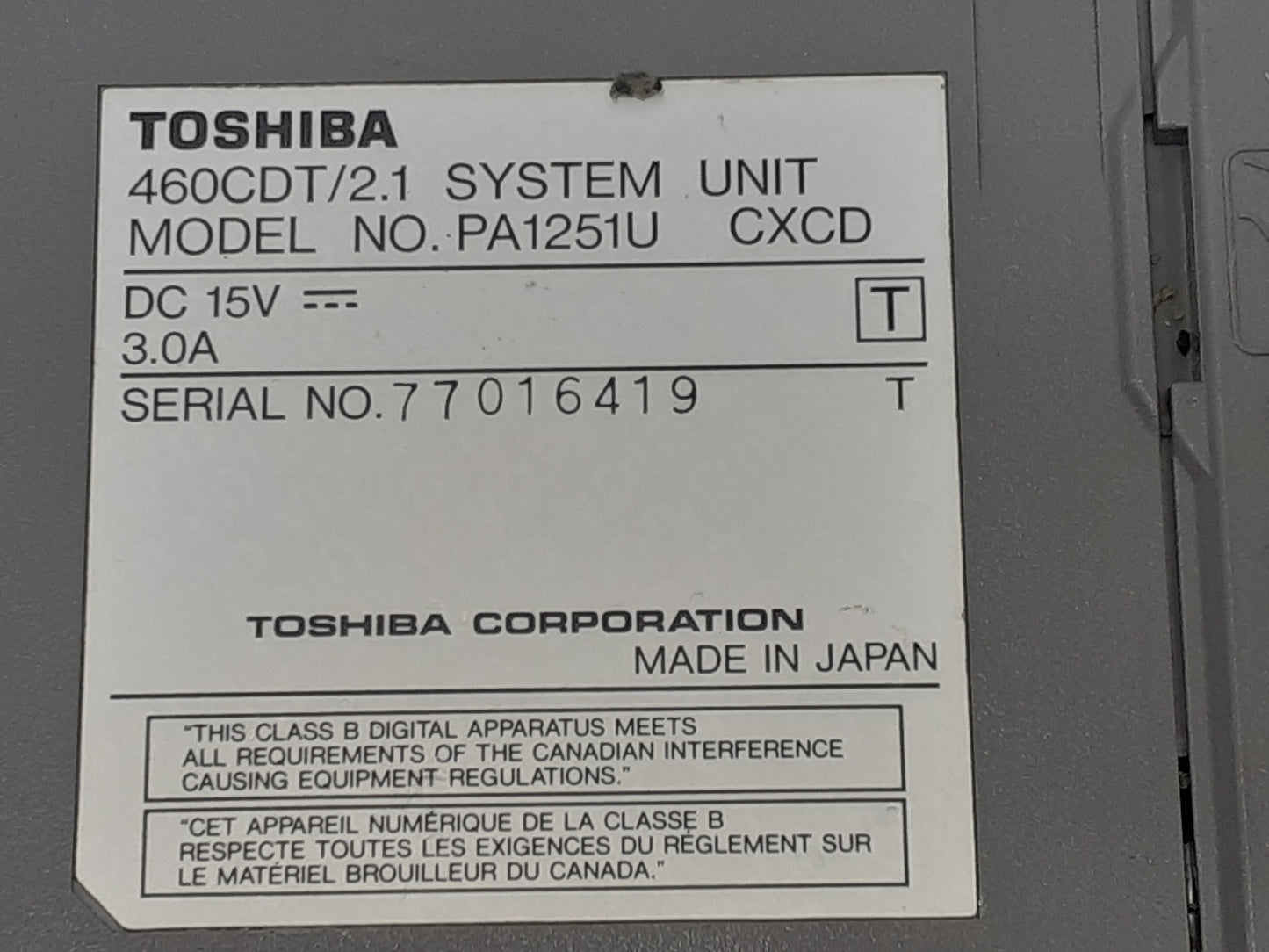 PA1251U Toshiba Laptop 460CDT Canada French- Vintage RARE