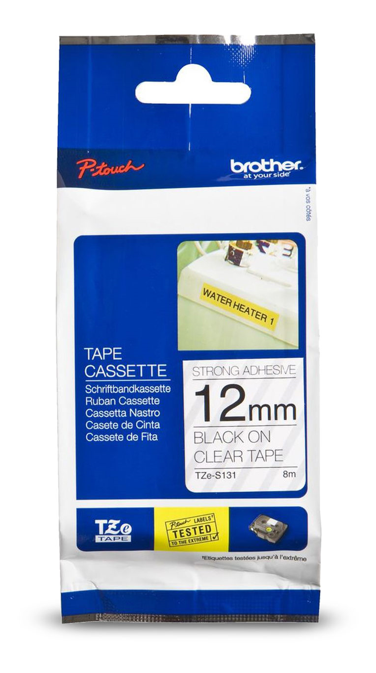 Brother TZe-S131 Ruban adhésif extra résistant noir sur transparent pour étiqueteuses P-touch, 12 mm de large x 8 m de long