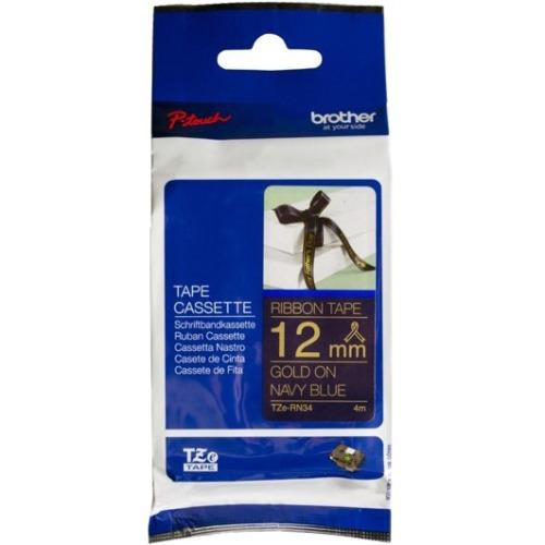 Brother TZERN34 Ruban décoratif en satin doré sur bleu marine pour étiqueteuses P-touch, 12 mm de large x 4 m de long