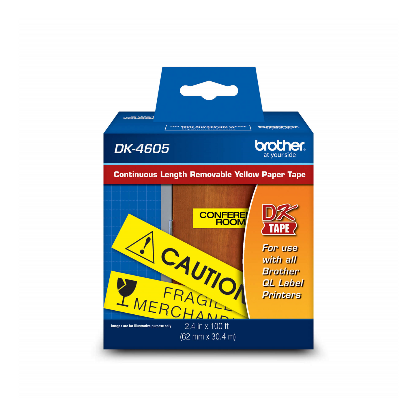 Brother DK-4605 Ruban de papier amovible de longueur continue, noir/jaune, 2,4" x 100' (62 mm x 30,4 m)