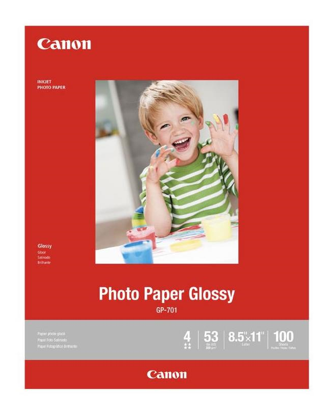 Packaging of Canon GP-701 8.5" x 11" Photo Paper Glossy, displaying a young child with colorful paint on their hands, indicating the glossy finish of the paper.