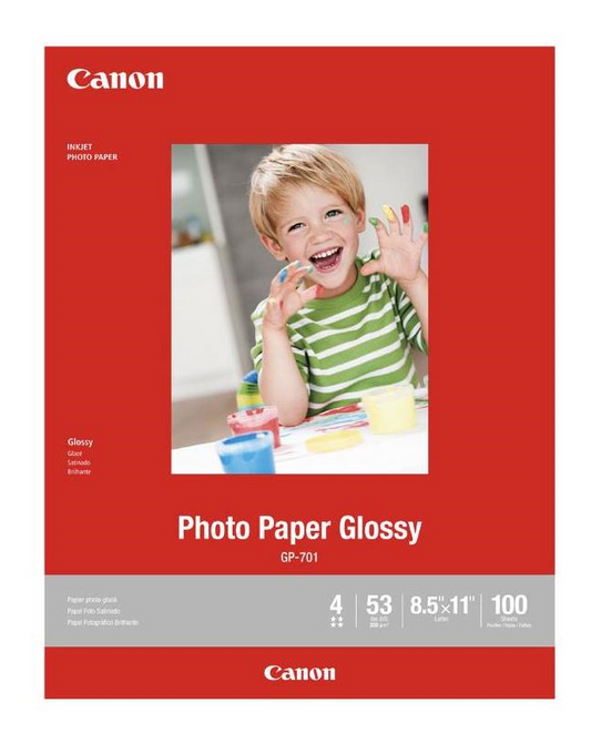 Packaging of Canon GP-701 8.5" x 11" Photo Paper Glossy, displaying a young child with colorful paint on their hands, indicating the glossy finish of the paper.