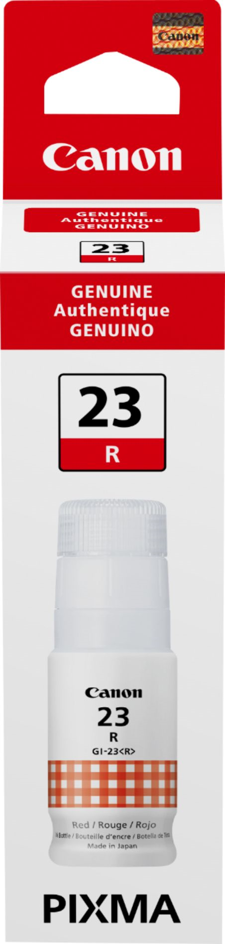 Genuine Canon GI-23 Red Ink Bottle for PIXMA G620 and G520 printers in official packaging.