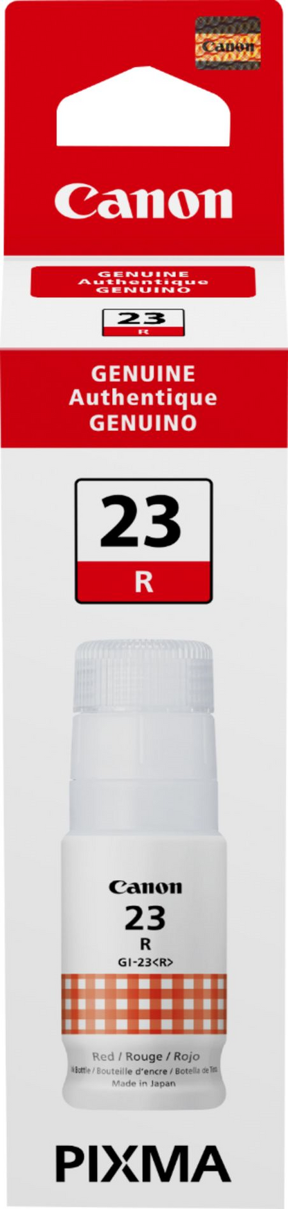 Genuine Canon GI-23 Red Ink Bottle for PIXMA G620 and G520 printers in official packaging.
