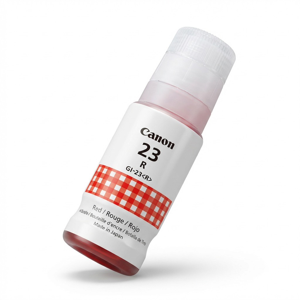 A studio product photograph of the Canon GI-23 red ink bottle, angled to show the left side and front. The white bottle with a red and white checkered band and black text is on a pure white background with a soft natural shadow.