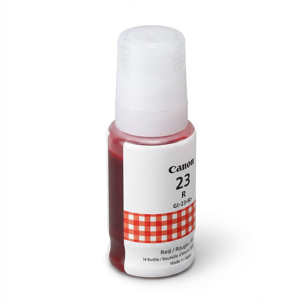 A photorealistic studio photograph of the Canon GI-23 red ink bottle, angled to show its right side, on a pure white background with a soft shadow.