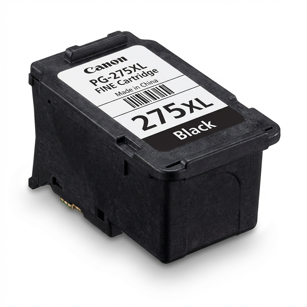 A photorealistic studio photograph of the Canon PG-275XL Black ink cartridge, shown angled from the left on a pure white background with a soft natural shadow. The product label with "Canon PG-275XL FINE Cartridge 275XL Black" is clearly visible.