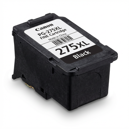 A photorealistic studio photograph of the Canon PG-275XL Black ink cartridge, shown angled from the left on a pure white background with a soft natural shadow. The product label with "Canon PG-275XL FINE Cartridge 275XL Black" is clearly visible.
