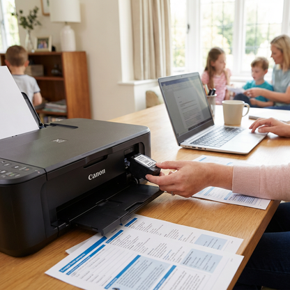 A lifestyle photo shows a hand inserting the Canon PG-275XL ink cartridge into a printer in a home office with a family.