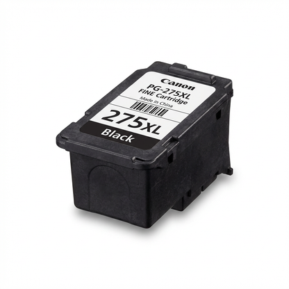 A photorealistic studio photograph of the Canon PG-275XL Black ink cartridge, angled to show its right side, on a pure white background with a soft , natural shadow.