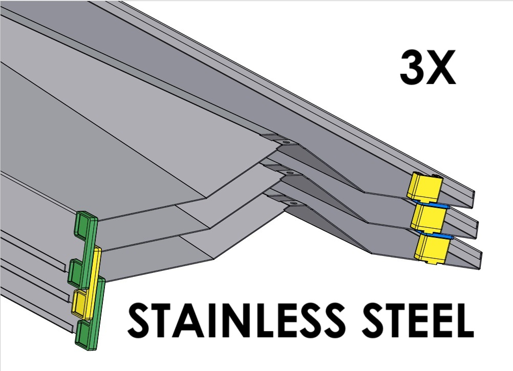 Set of 3 Rakabot Titan 47-inch stainless steel 304 boot rack shelves with water-draining design.