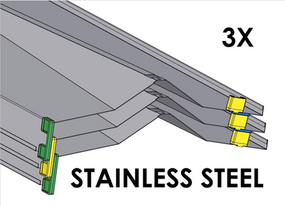 Set of 3 Rakabot Titan 47-inch stainless steel 304 boot rack shelves with water-draining design.
