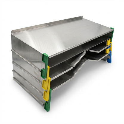 A photorealistic studio photo of three stacked 47-inch stainless steel Rakabot Titan shelves on a white background.