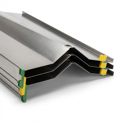 A photorealistic studio photo of three stacked Rakabot stainless steel shelves, angled to the right on a white background with a soft shadow.