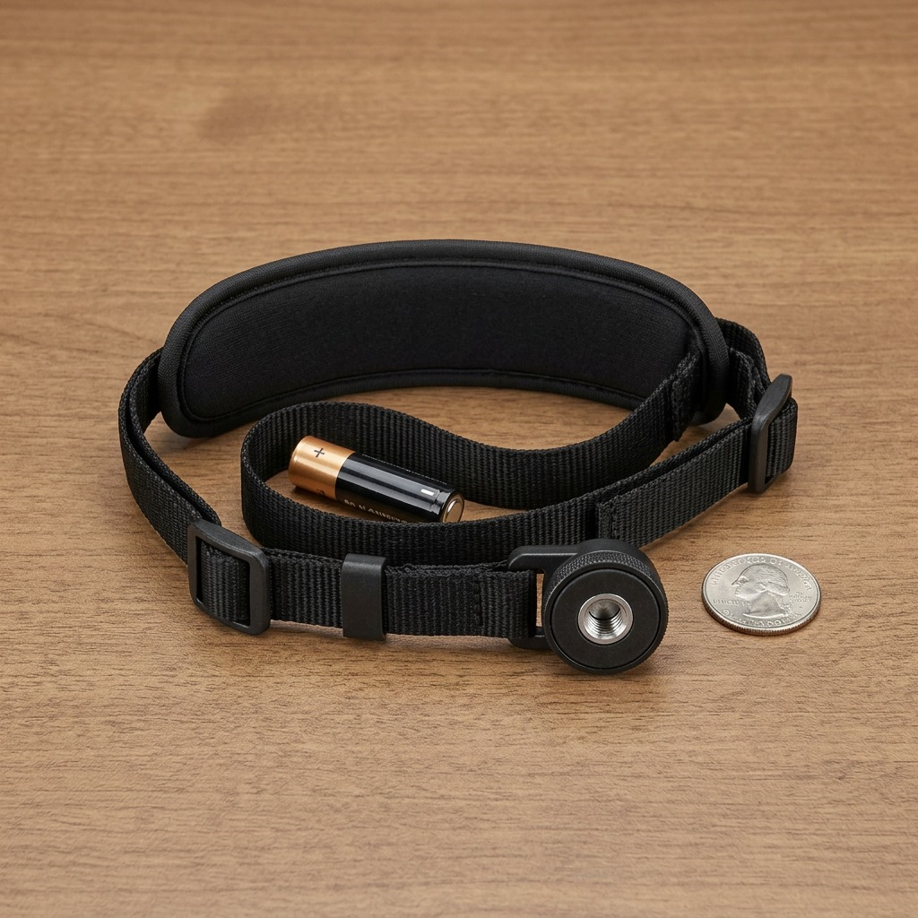 Scale reference: Canon E2 hand strap on a wood surface with an AA battery and US quarter for size understanding.