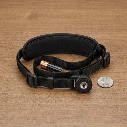 Scale reference: Canon E2 hand strap on a wood surface with an AA battery and US quarter for size understanding.
