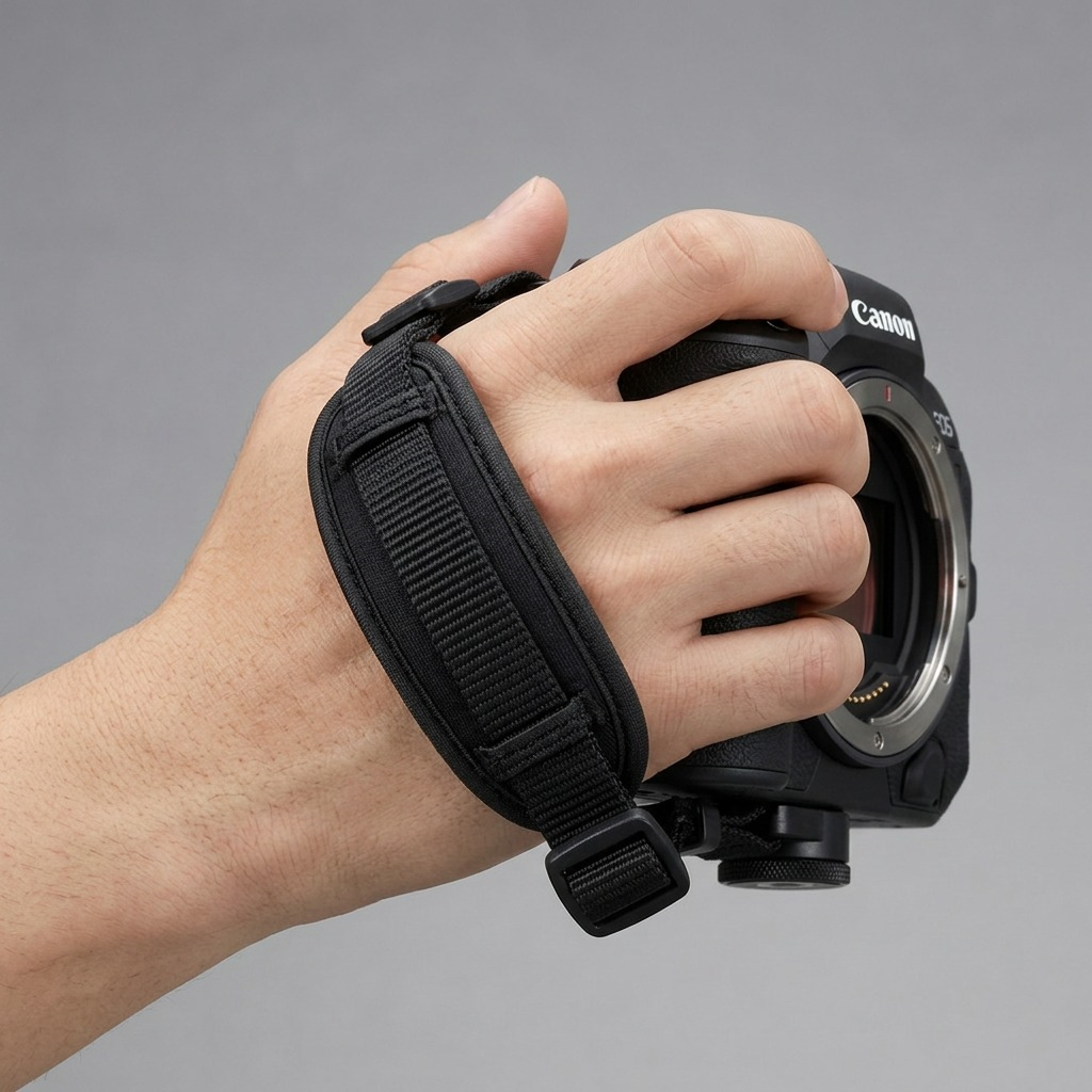 A close-up photograph of a user gripping a Canon EOS R5 camera with the ergonomic Canon E2 hand strap attached and securely on their hand.