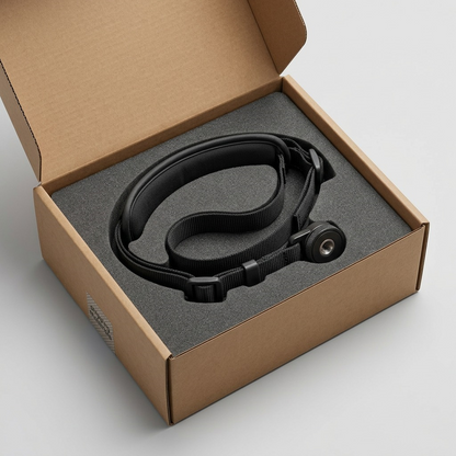A detail shot showing the Canon Hand Strap E2 nestled securely within a custom protective foam insert inside its open retail shipping box.