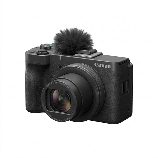 A crisp, front three-quarter view hero shot of the black Canon PowerShot V10 vlogging camera with its furry wind screen.