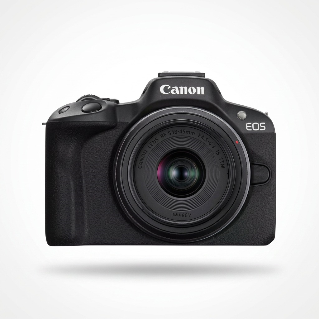 High-resolution hero shot of the Canon EOS R50 camera with RF-S 18-45mm lens.