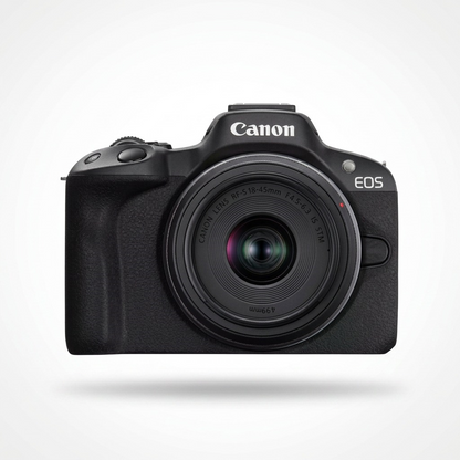 High-resolution hero shot of the Canon EOS R50 camera with RF-S 18-45mm lens.