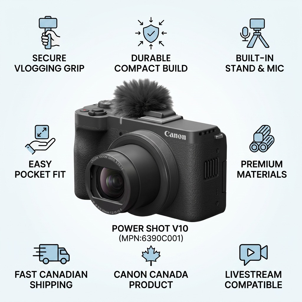 Infographic matrix for the Canon PowerShot V10 camera, featuring factual cues for performance, build, and support with icons.