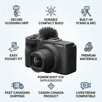 Infographic matrix for the Canon PowerShot V10 camera, featuring factual cues for performance, build, and support with icons.