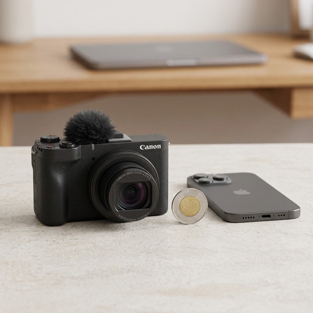 A scale visual showing the compact black camera next to a Canadian Toonie and a black smartphone for size reference.