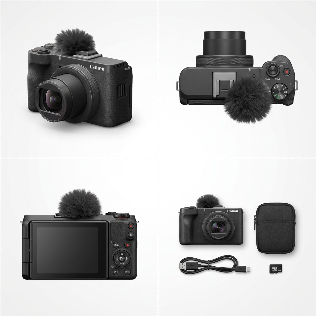 An ecommerce matrix displaying the accurate Canon PowerShot V10 camera from multiple angles: front three-quarter, top-down view, back view, and in a travel kit.