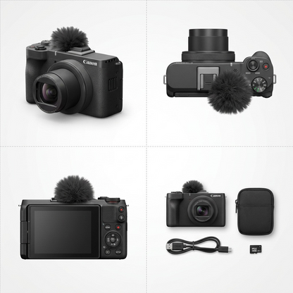 An ecommerce matrix displaying the accurate Canon PowerShot V10 camera from multiple angles: front three-quarter, top-down view, back view, and in a travel kit.
