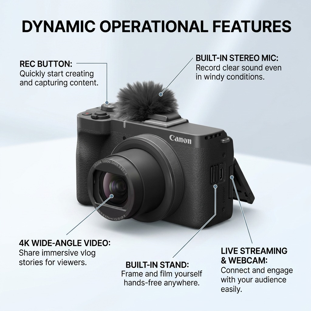 Product graphic shows key Canon PowerShot V10 features: 4K, stand, and stereo microphone.