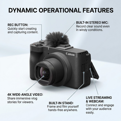Product graphic shows key Canon PowerShot V10 features: 4K, stand, and stereo microphone.