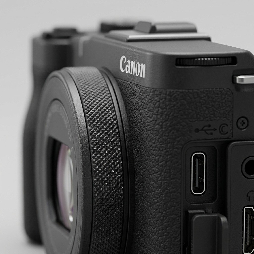 Macro close-up of Canon PowerShot V10 textured grip, multiway-control buttons, USB-C and HDMI ports.