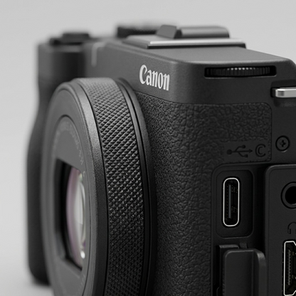 Macro close-up of Canon PowerShot V10 textured grip, multiway-control buttons, USB-C and HDMI ports.