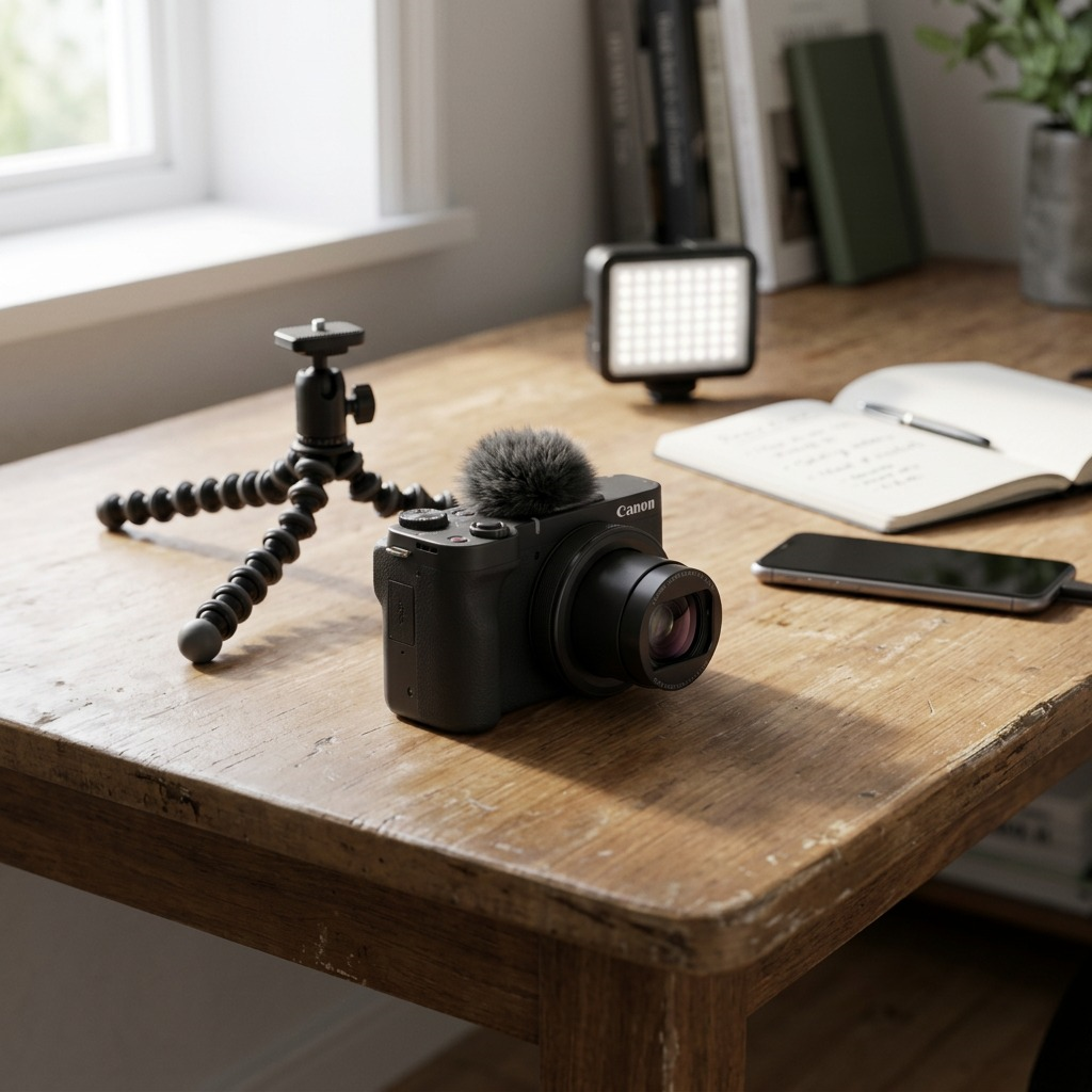 Canon PowerShot V10 Vlogging Camera on a wooden desk with filming setup including microphone and LED light.