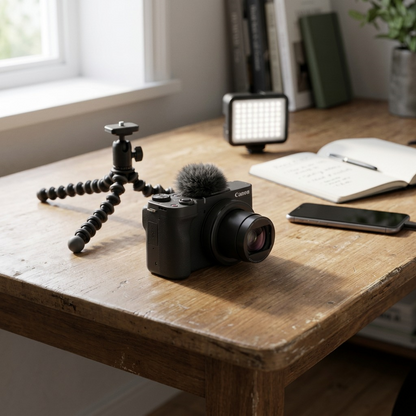 Canon PowerShot V10 Vlogging Camera on a wooden desk with filming setup including microphone and LED light.