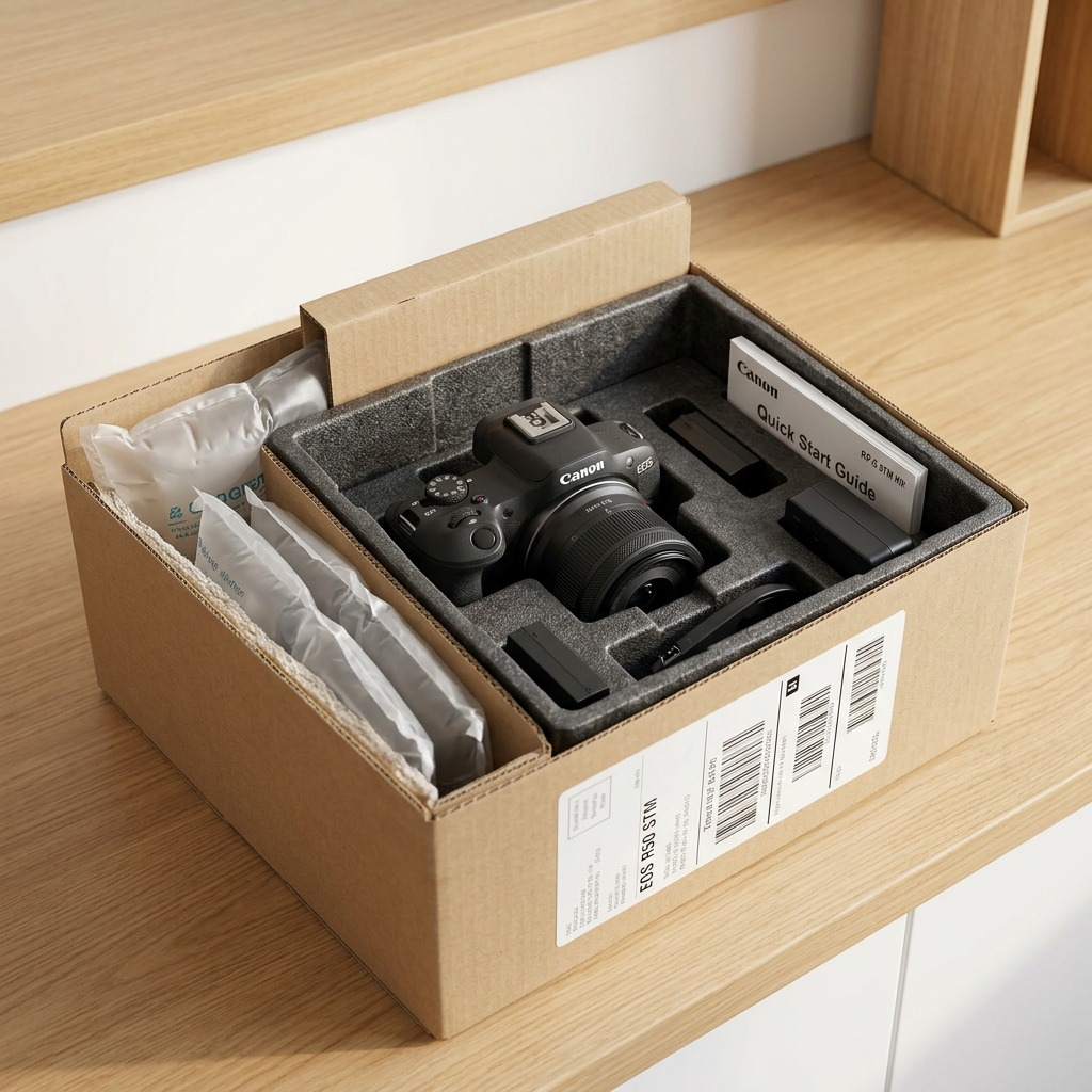 Unboxing a Canon EOS R50 STM Kit, cushioned securely by foam and airbags in a sturdy box.