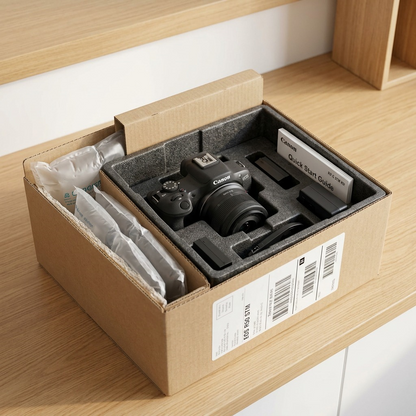 Unboxing a Canon EOS R50 STM Kit, cushioned securely by foam and airbags in a sturdy box.