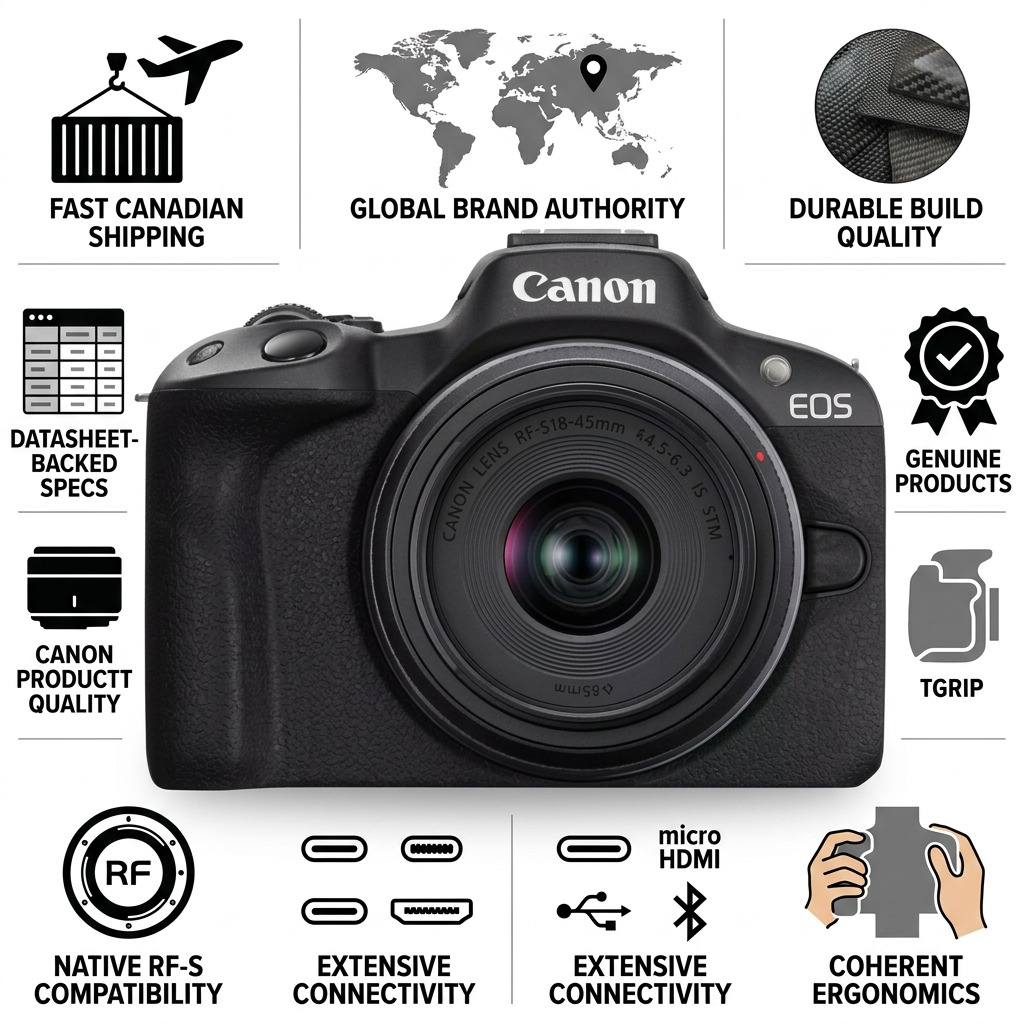 Trust infographic with Canon EOS R50 camera, 'Canadian Shipping' and feature icons on a white background.