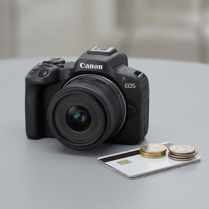 Canon EOS R50 camera and 18-45mm lens shown beside an ID-style card and stacked coins for scale reference.