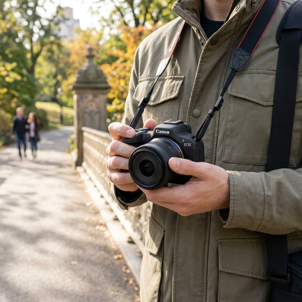 A Canon EOS R50 camera with RF-S 18-45mm lens is held by a photographer during an outdoor photoshoot.