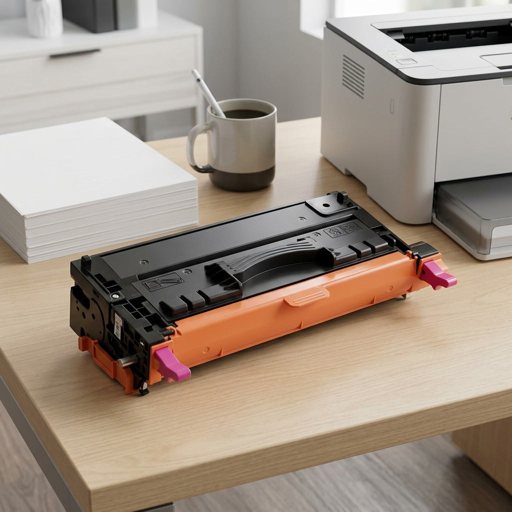 Xerox magenta toner cartridge on an office desk next to paper, a coffee mug, and a printer.