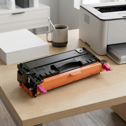 Xerox magenta toner cartridge on an office desk next to paper, a coffee mug, and a printer.