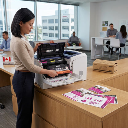 Woman inserting a Xerox magenta toner cartridge into an office laser printer near printed documents.