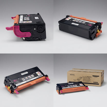 Multi-angle view of the Xerox 113R00724 high capacity magenta toner cartridge with packaging.